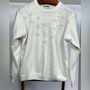 Vintage Alfred Dunner Size Large SweaterCream Pearl and Embroidered